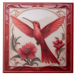 Azulejo Loro colibrí Art Nouveau falso relieve rojo y crem