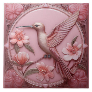 Azulejo Loro colibrí Art Nouveau relieve falso rosa polvor