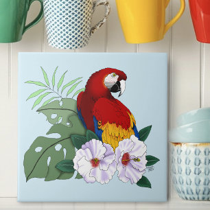 Azulejo Loro Guacamayo Rojo Floral Hibisco Tropical Blanco