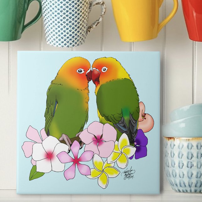 Azulejo Loros Lindos Flores Tropicales Pájaro Romántico (Subido por el creador)