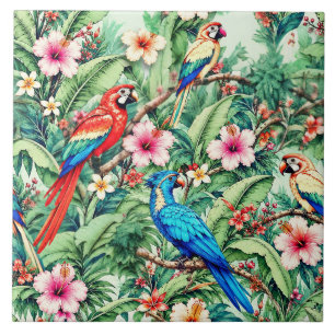 Azulejo Loros Tropicales y Hibiscos en la Jungla