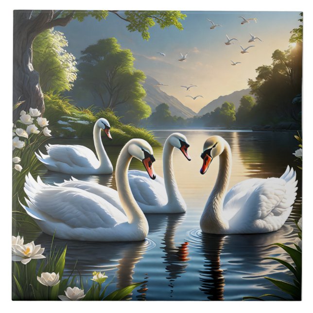 Azulejo Los elegantes cisnes blancos son una visión famili (Frente)