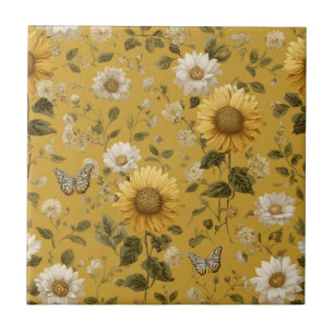 Azulejo Los girasoles y las mariposas en fondo amarillo 1