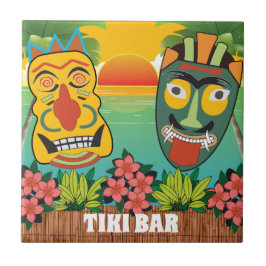 Azulejo Los graciosos Tiki Faces con la puesta de sol trop