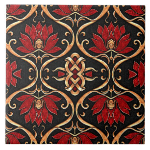 Azulejo Loto Rojo Regio y Patrón de Filigrana Dorada