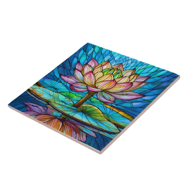Azulejo loto rosa tropical 2 arte de vidrio manchado (Lado)