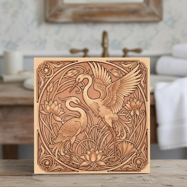 Azulejo Lotus & Crane Art Nouveau Pat#8 Terra Cotta ID1193 (Subido por el creador)