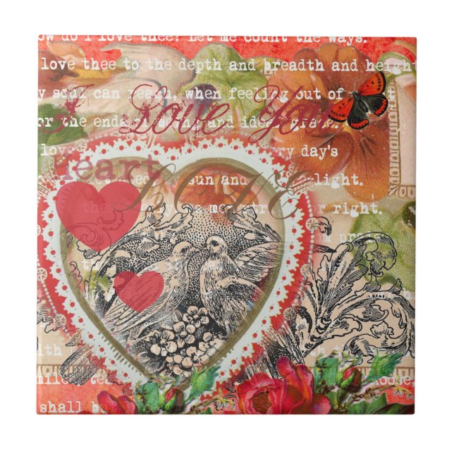Azulejo Love Birds Heart Red Art Collage (Frente)