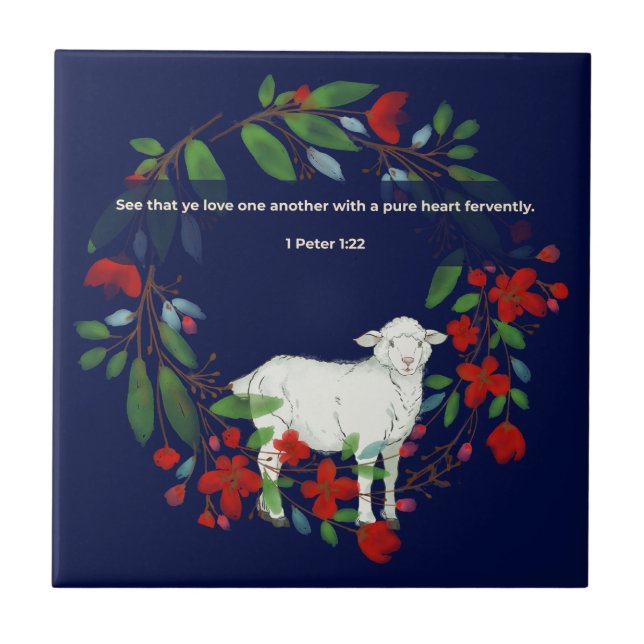 Azulejo Love One Another | Lamb & Floral Ceramic Tile (Frente)