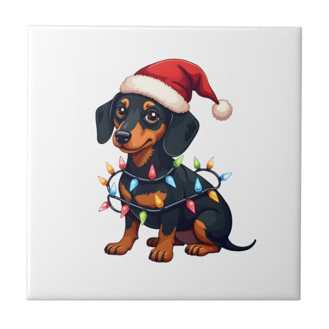 Azulejo Luces de Navidad de Dachshund Sombrero de Santa Am (Frente)