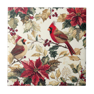Azulejo Lujo Cardenal Nochebuena Navidad Crema Rojo