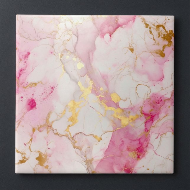 Azulejo Lujo de mármol rosa y dorado (Luxury style pink and gold marble effect ceramic tile.)