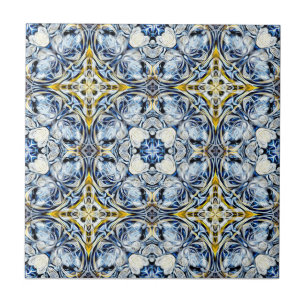 Azulejo Lujo, elegante, viñas, amarillo mostaza, azul mar