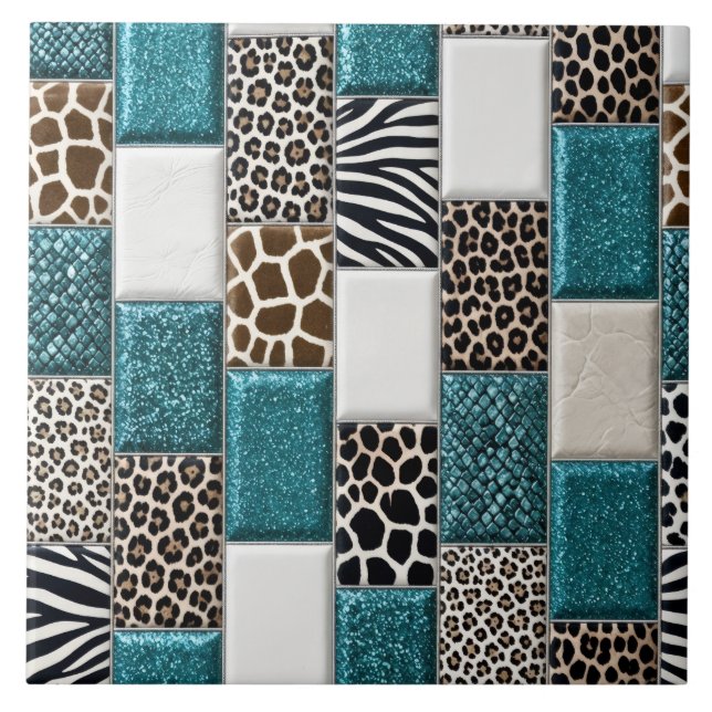 Azulejo Lujo Estampado Animal Turquesa Brillo Falso (Frente)