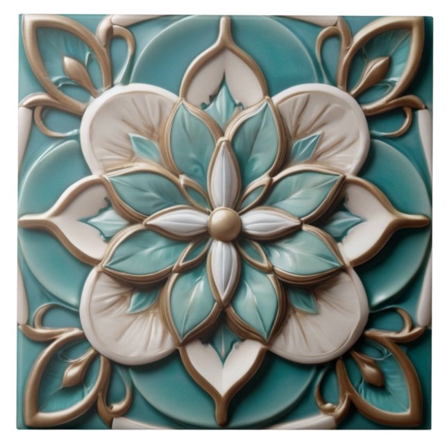 Azulejo Lujo Flor Faux Relief Floral Turquesa & Blanco (Frente)