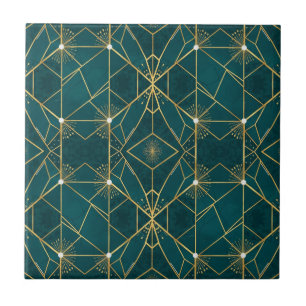 Azulejo Lujo Teal & Oro Simétrico Geométrico Sin Costuras 