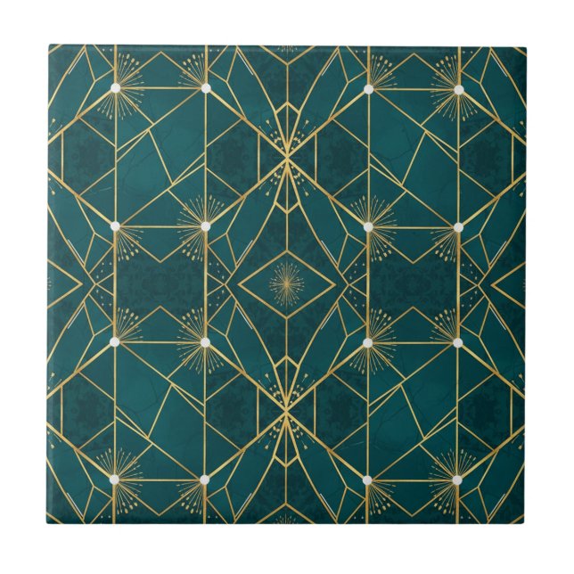 Azulejo Lujo Teal & Oro Simétrico Geométrico Sin Costuras  (Frente)