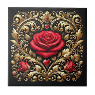 Azulejo Lujosa pintura de rosa rojo y corazón dorado