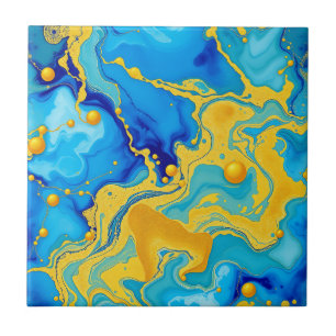 Azulejo Lujoso abstracto de tinta alcohólica azul y dorada
