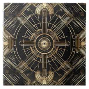 Azulejo Lujoso Art Deco, Negro y Oro, Geometría