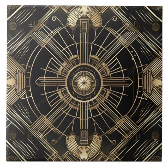 Azulejo Lujoso Art Deco, Negro y Oro, Geometría (Frente)