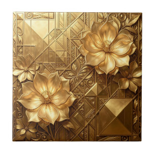 Azulejo Lujoso patrón floral Art Deco dorado con relieve