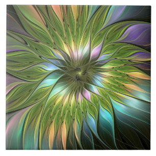 Azulejo Luminoso colorido Fantasía Flor Fractal Art