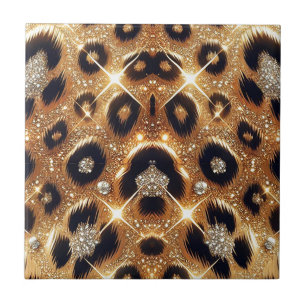 Azulejo Luminoso Glam Oro Impreso Leopardo Negro Guepardo 