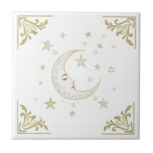 Azulejo Luna Celeste con Cara y Estrellas Delft Oro Blanco