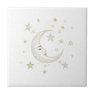 Azulejo Luna Celeste con Cara y Estrellas Oro Plata Blanco