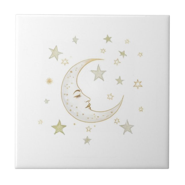 Azulejo Luna Celeste con Cara y Estrellas Oro Plata Blanco (Frente)