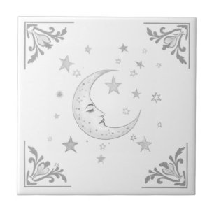 Azulejo Luna Celeste con Cara y Estrellas Plata y Blanco