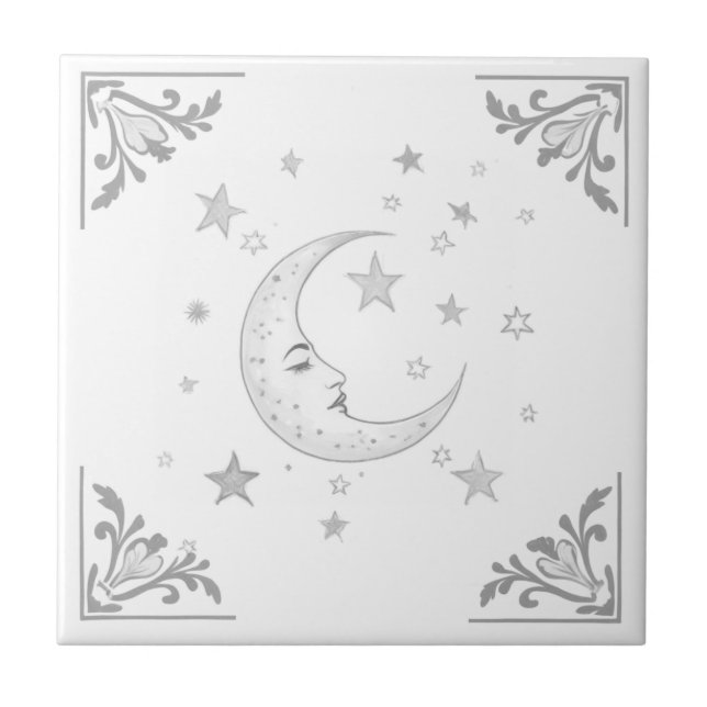 Azulejo Luna Celeste con Cara y Estrellas Plata y Blanco (Frente)