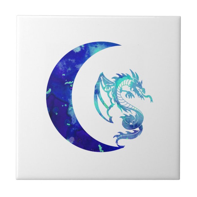 Azulejo Luna de Creciente Azul y Dragón (Frente)