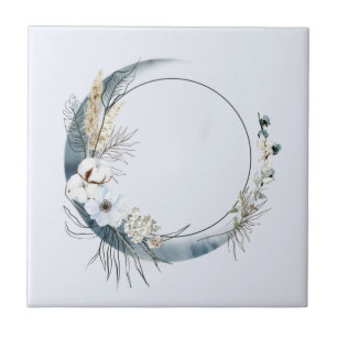 Azulejo Luna de la Media Luna Azul con flores blancas