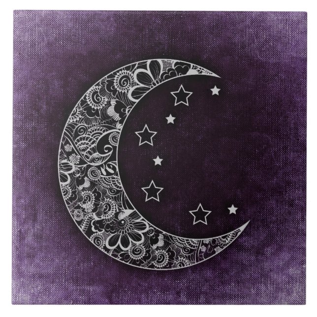 Azulejo Luna Dorada Floral Crescent y estrellas en morado (Frente)