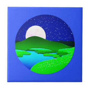 Azulejo Luna llena de pie sobre las colinas verdes