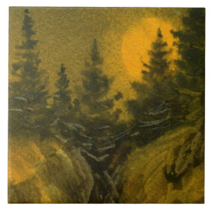 Azulejo Luna llena Nocturna sobre pinos en rocas de montañ