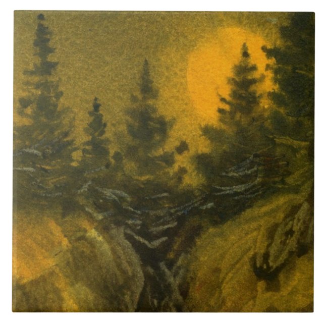 Azulejo Luna llena Nocturna sobre pinos en rocas de montañ (Frente)