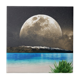 Azulejo Luna Llena Tropical Turquesa Dorada Luminosa Playa