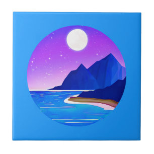 Azulejo Luna, mar de estrellas y montañas en violeta y azu