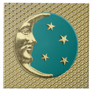Azulejo Luna y estrellas Art Deco - Verde azulado y dorado