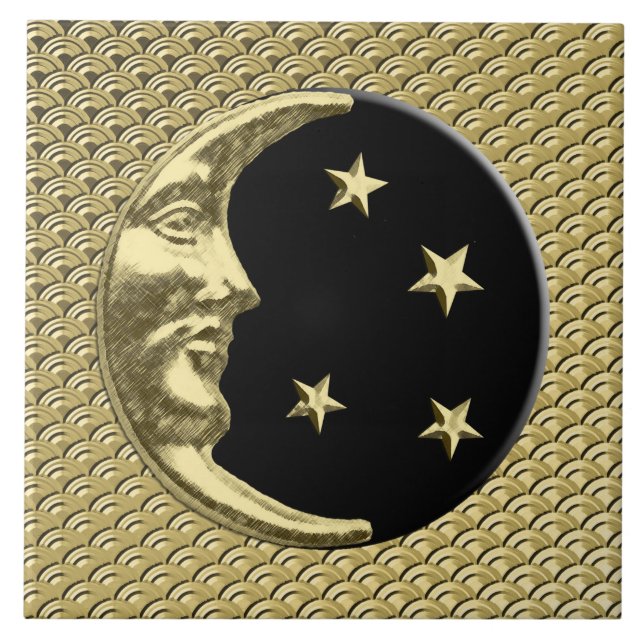 Azulejo Luna y estrellas del art déco - negro y oro (Frente)