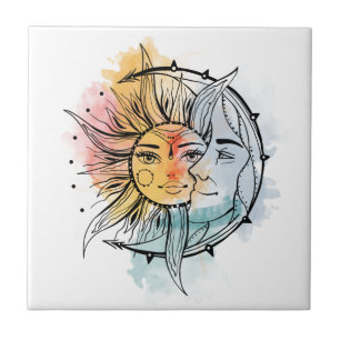 Azulejo Luna y sol. Alustración de tatuajes de estilo vin