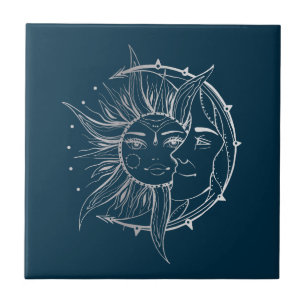 Azulejo Luna y sol. Ilustración de tatuajes de estilo vin