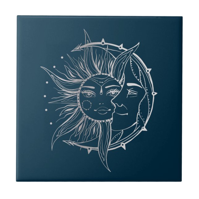 Azulejo Luna y sol. Ilustración de tatuajes de estilo vint (Frente)