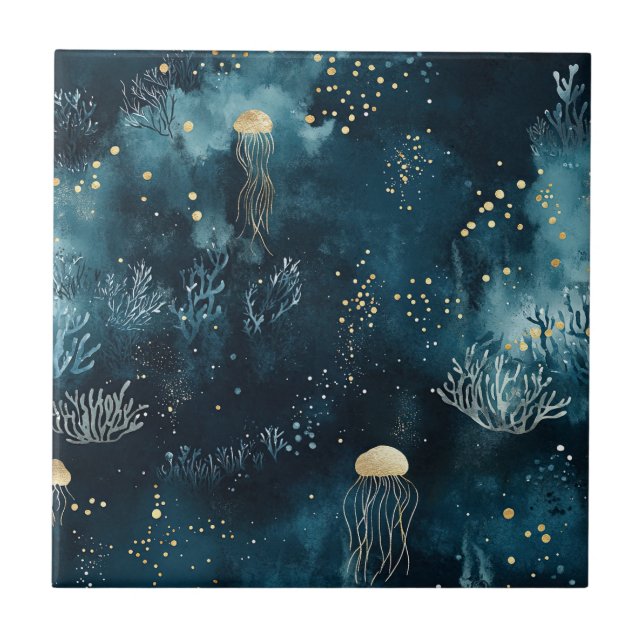 Azulejo Lux Ocean Jellyfish & Coral Gold Pattern (1) (Frente)
