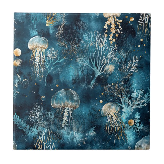 Azulejo Lux Ocean Jellyfish & Coral Gold Pattern (2) (Frente)