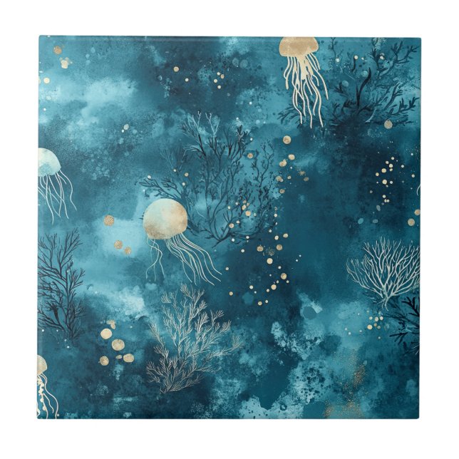 Azulejo Lux Ocean Jellyfish & Coral Gold Pattern (3) (Frente)
