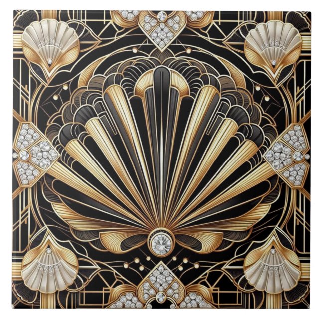 Azulejo Luxury Black & Gold Art Deco Ceramic Tile  (Frente)